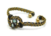 Hand wrapped cold fusion oxidized sterling silver, 14kt gold fill and opal open bangle bracelet
